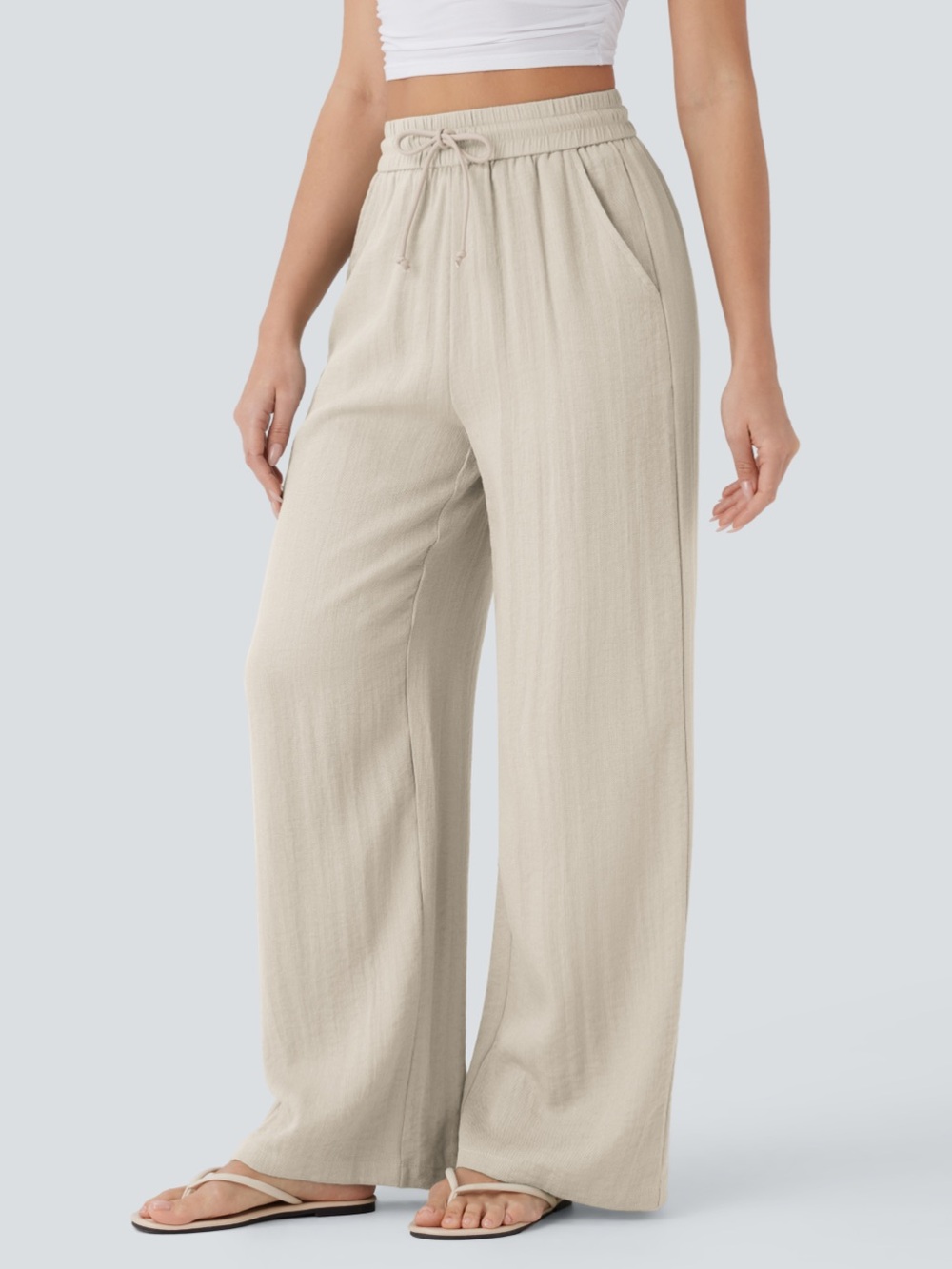 HALARA High Waisted Drawstring Pocket Wide Leg Baggy Casual Linen-Feel Pants - Picture 3 of 5